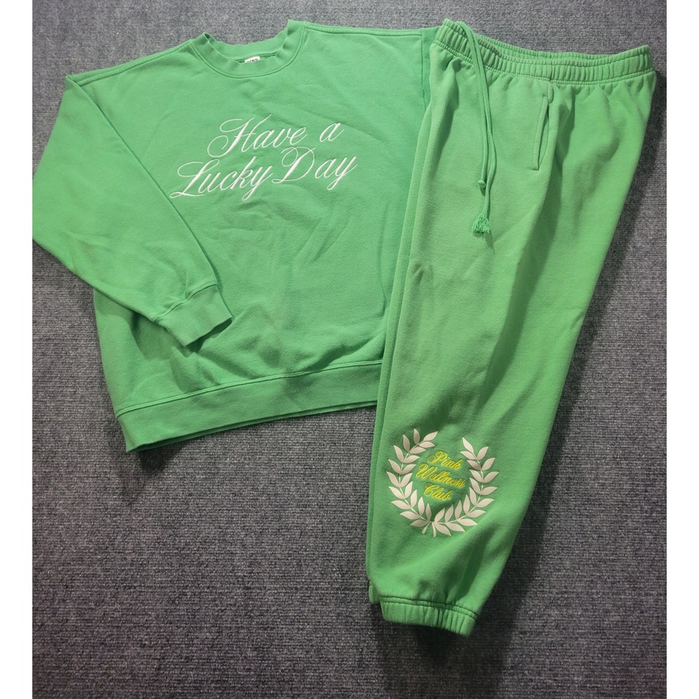 Pink Victoria's Secret Have a Lucky Day Wellness Club Green Sweatshirt Set M